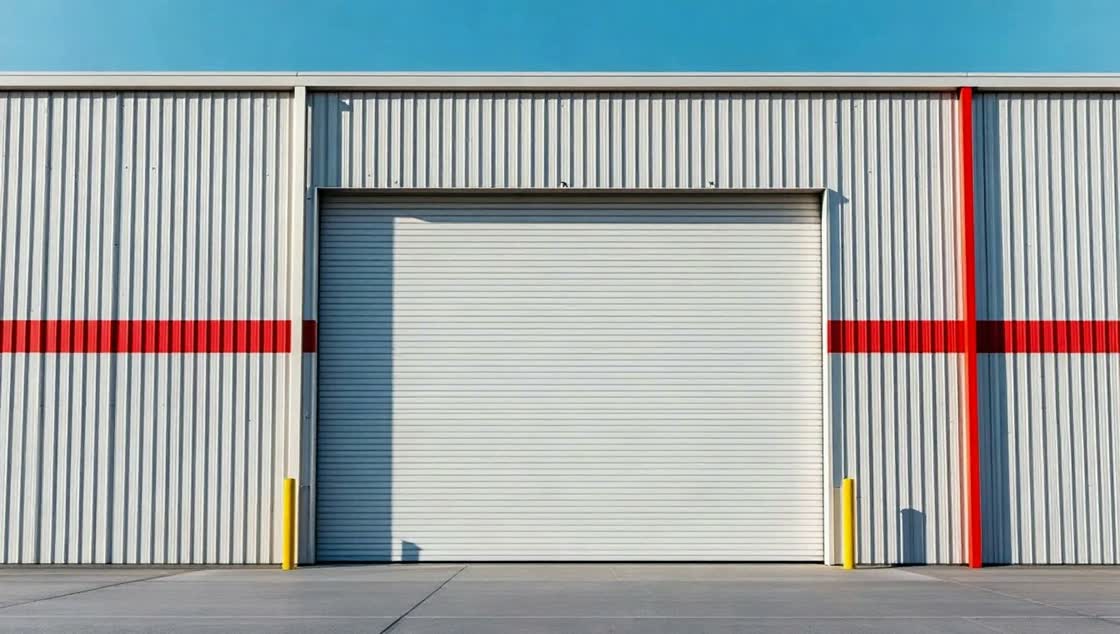 Commercial roll-up door opening onto a bright warehouse interior