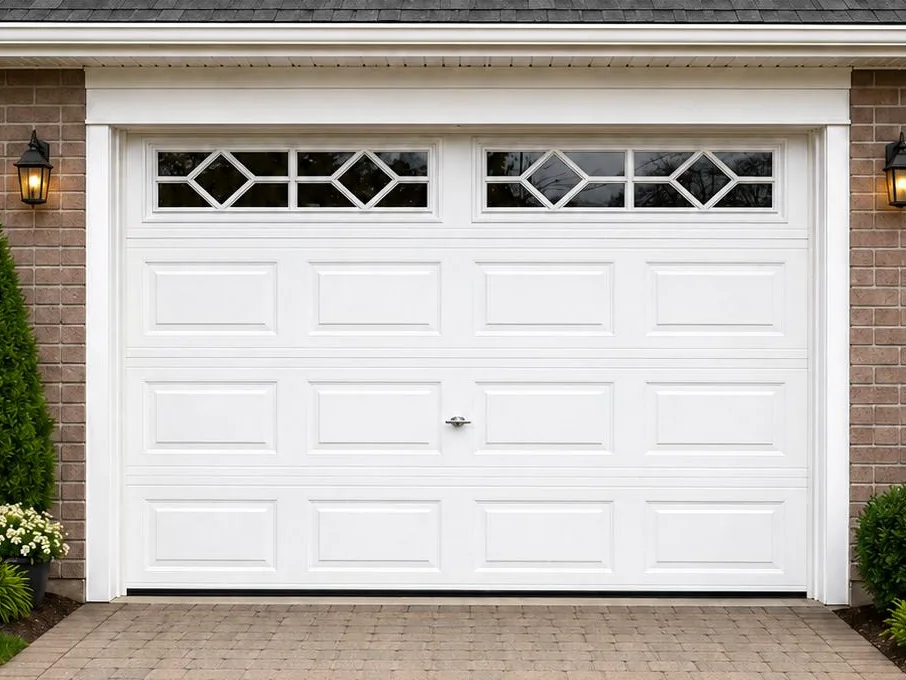 Classic 300 garage door in white with decorative windows on a brick home