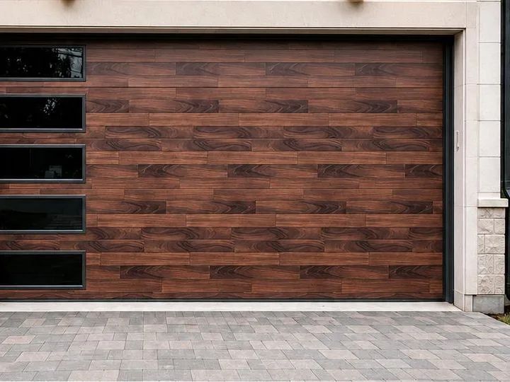 Modern 800 Flush garage door in walnut plank with black tinted side glass