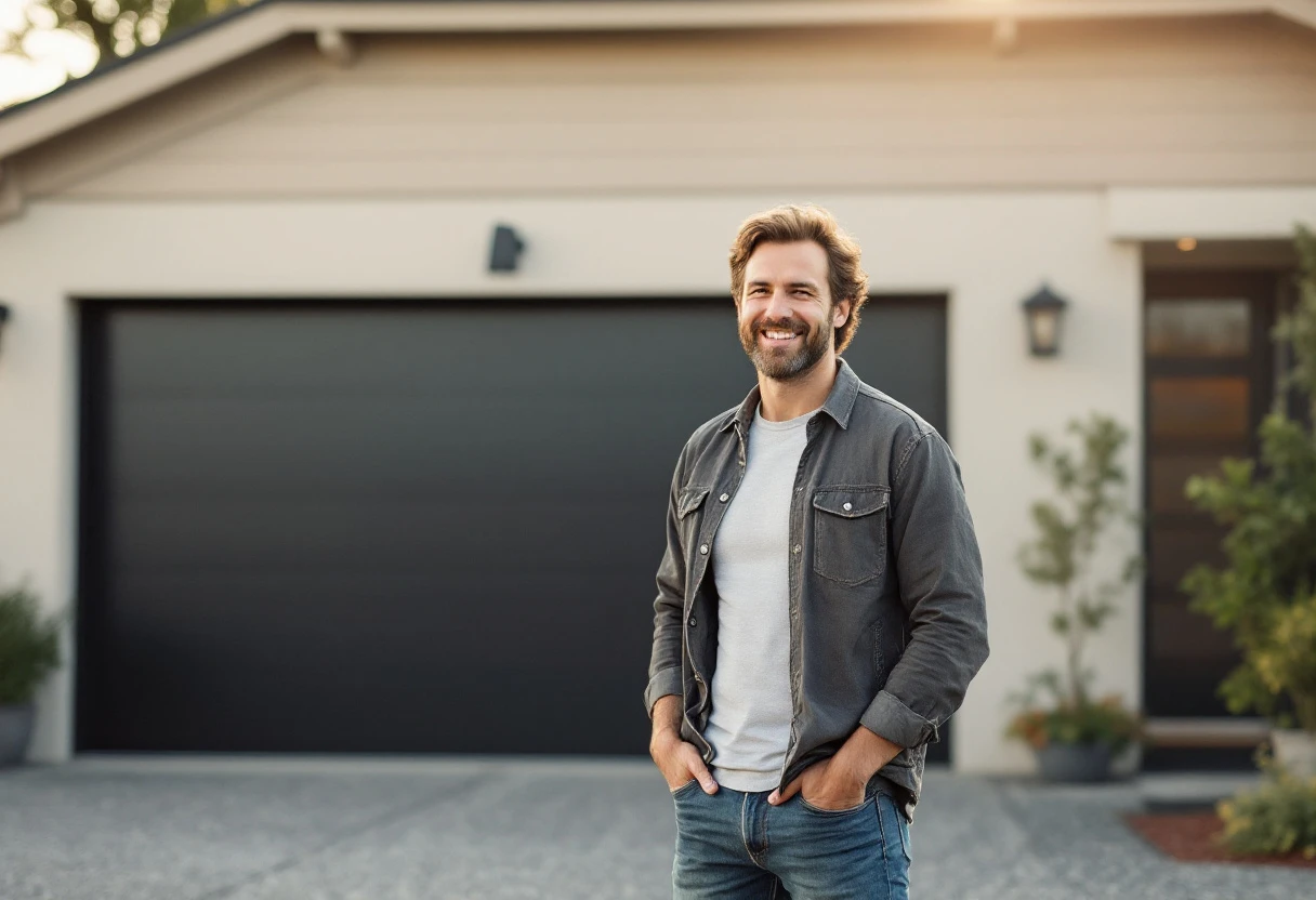 Homeowner reviewing a garage door repair with a technician