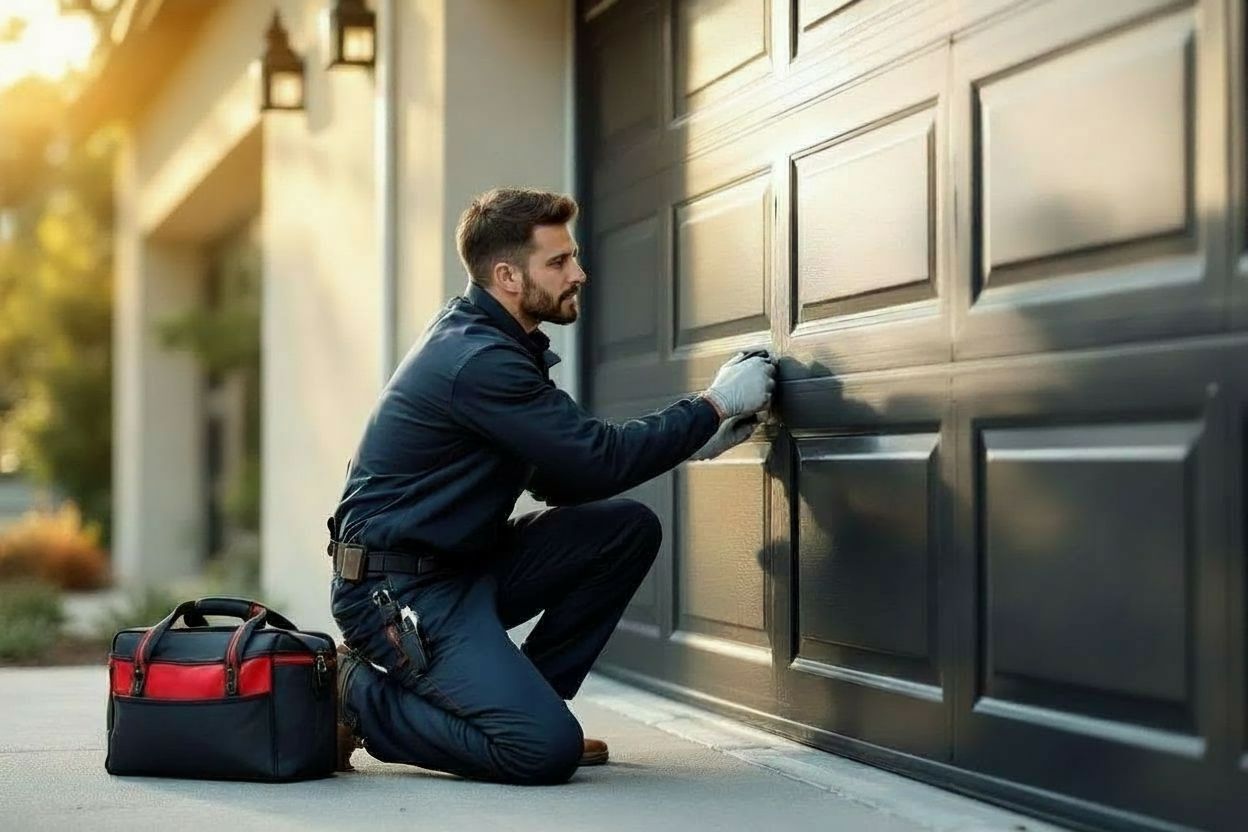 Technician working on a garage door